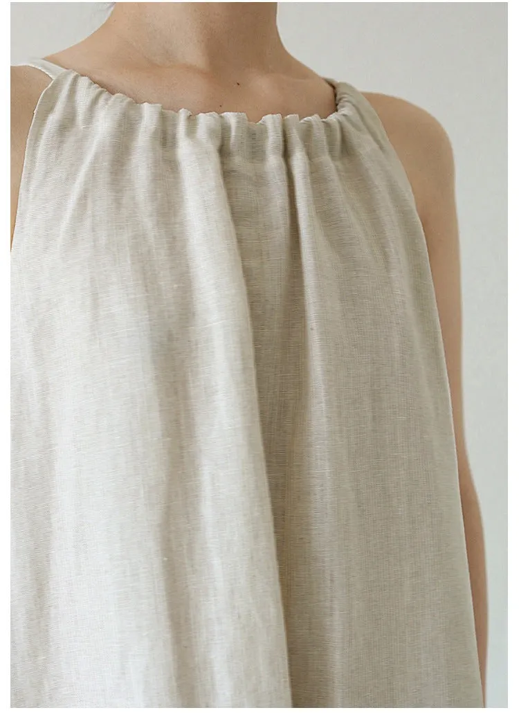Cotton Linen Dress off Shoulder Halter French Loose Niche Mid Length Pure Linen Cotton Camisole Dress
