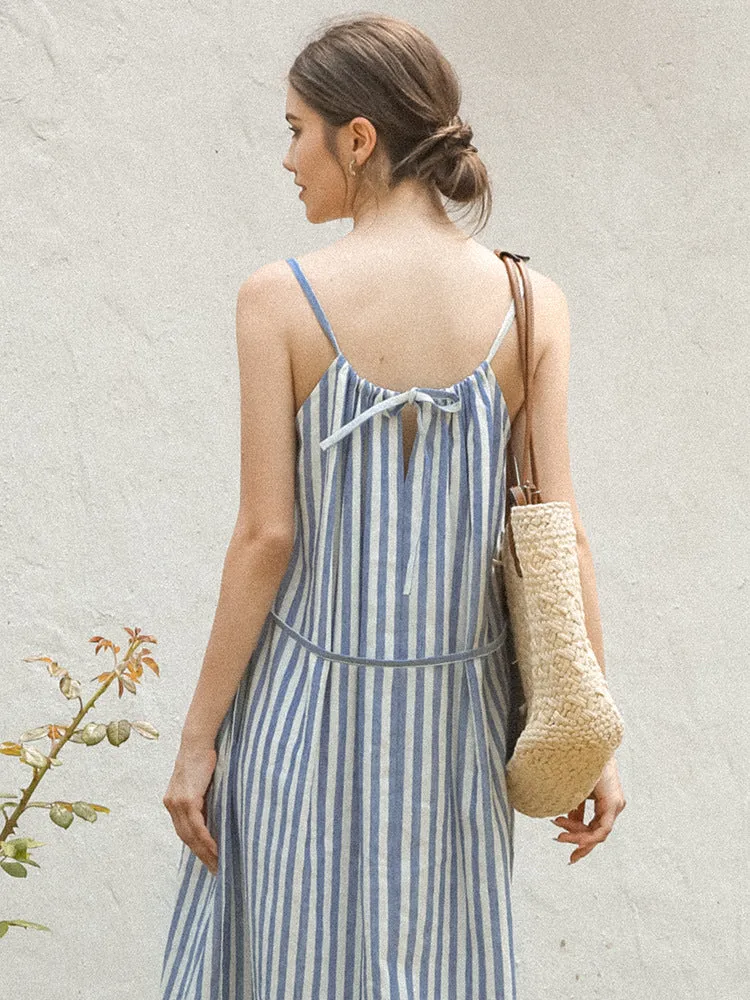 Cotton Linen Dress off Shoulder Halter French Loose Niche Mid Length Pure Linen Cotton Camisole Dress