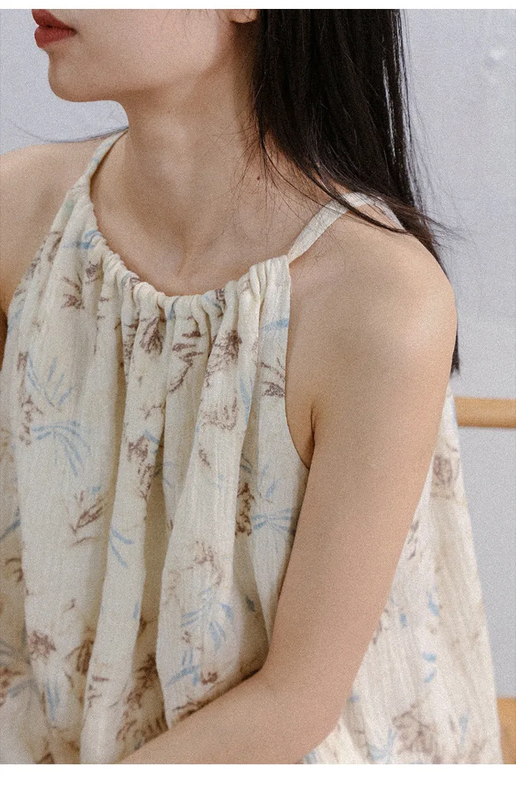 Cotton Linen Dress off Shoulder Halter French Loose Niche Mid Length Pure Linen Cotton Camisole Dress