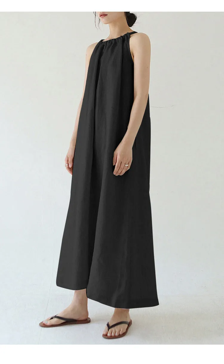 Cotton Linen Dress off Shoulder Halter French Loose Niche Mid Length Pure Linen Cotton Camisole Dress