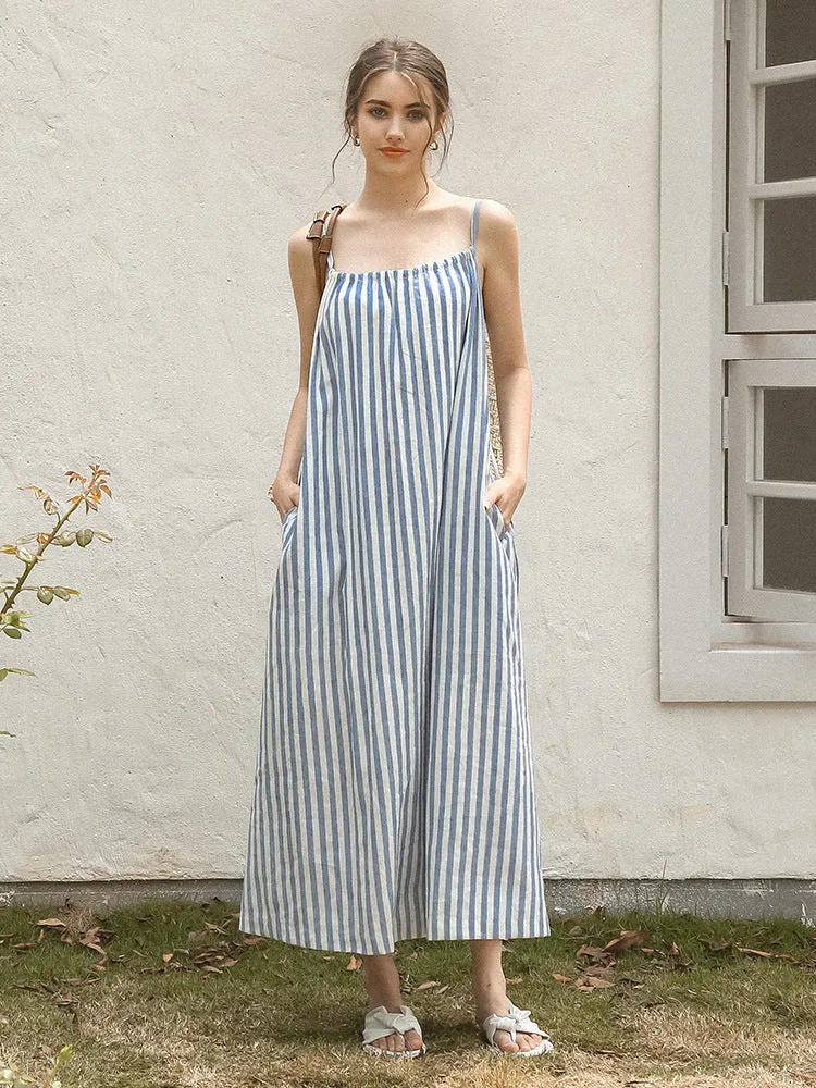 Cotton Linen Dress off Shoulder Halter French Loose Niche Mid Length Pure Linen Cotton Camisole Dress