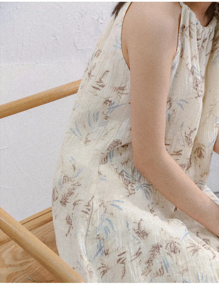Cotton Linen Dress off Shoulder Halter French Loose Niche Mid Length Pure Linen Cotton Camisole Dress