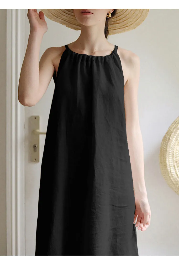 Cotton Linen Dress off Shoulder Halter French Loose Niche Mid Length Pure Linen Cotton Camisole Dress