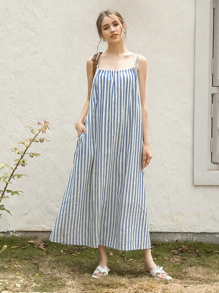 Cotton Linen Dress off Shoulder Halter French Loose Niche Mid Length Pure Linen Cotton Camisole Dress