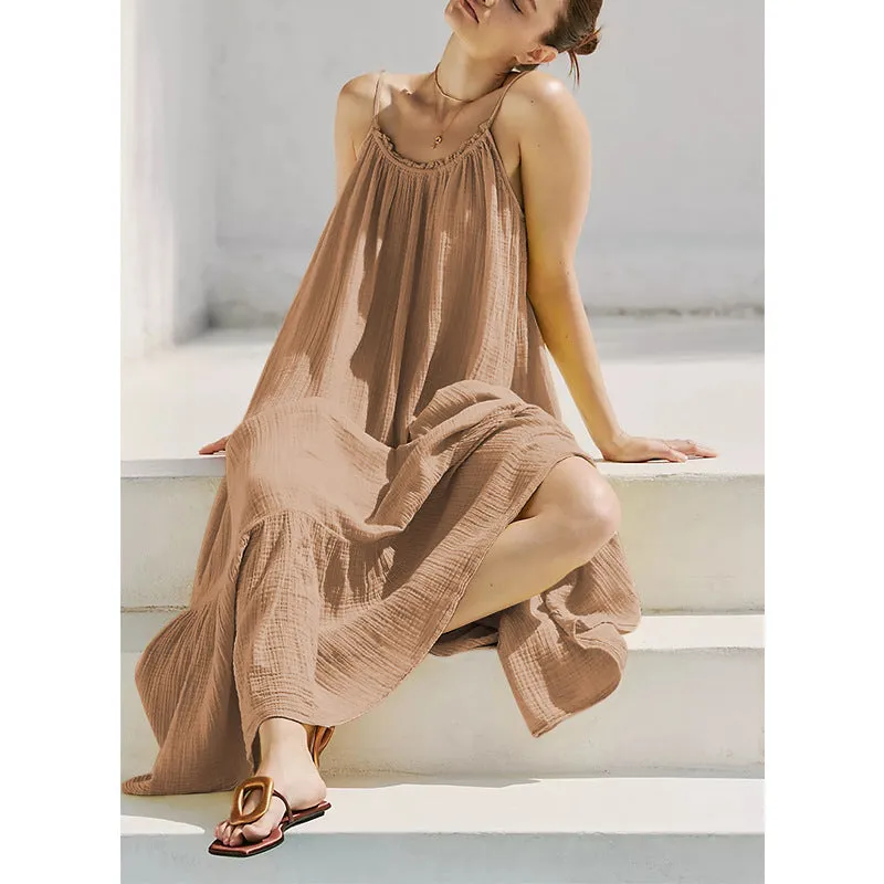 French Tea Break Sling Dress Summer Retro Texture Cotton Yarn Wooden Ear Skin Friendly Wild Midi Dress