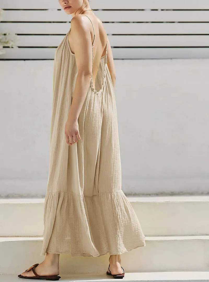 French Tea Break Sling Dress Summer Retro Texture Cotton Yarn Wooden Ear Skin Friendly Wild Midi Dress