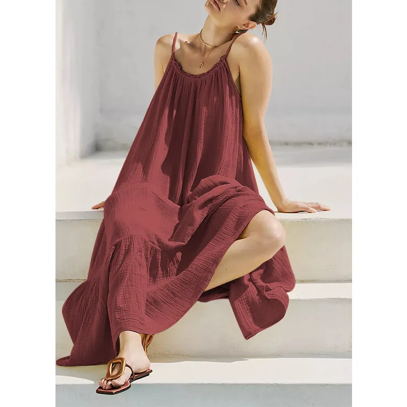 French Tea Break Sling Dress Summer Retro Texture Cotton Yarn Wooden Ear Skin Friendly Wild Midi Dress