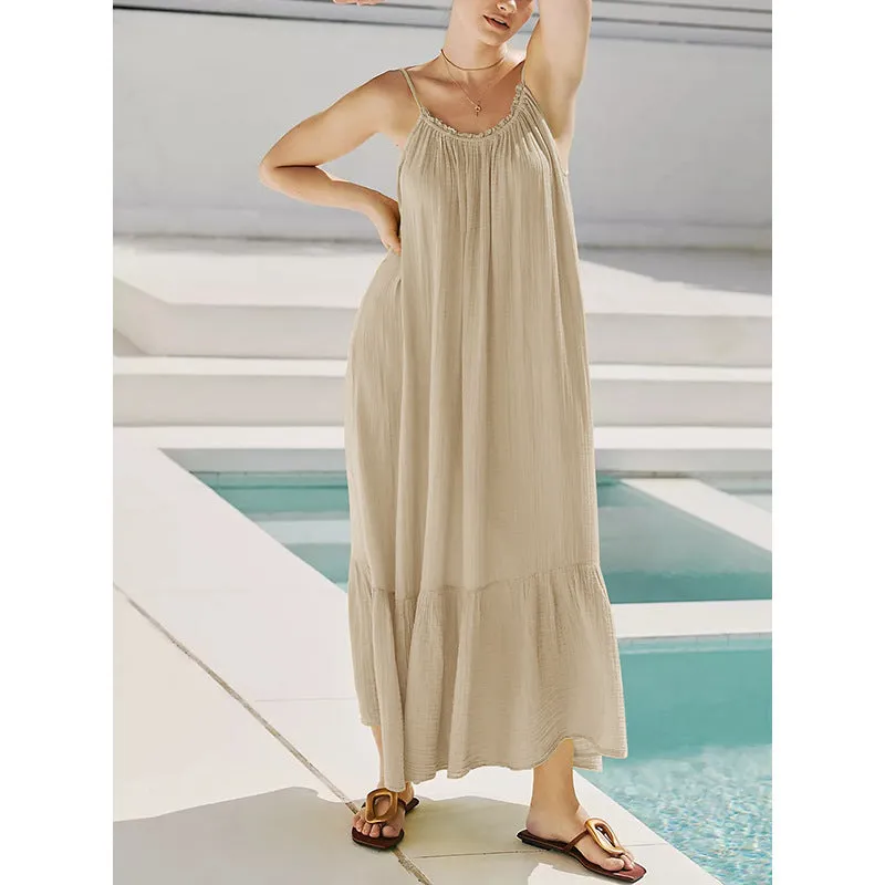 French Tea Break Sling Dress Summer Retro Texture Cotton Yarn Wooden Ear Skin Friendly Wild Midi Dress