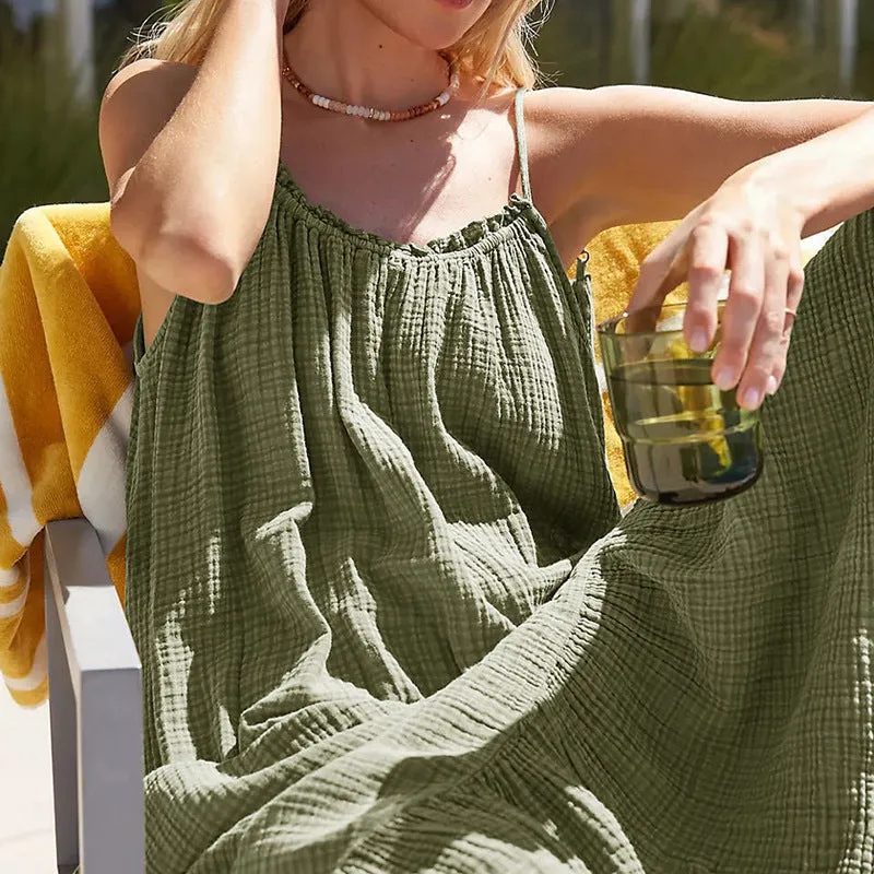 French Tea Break Sling Dress Summer Retro Texture Cotton Yarn Wooden Ear Skin Friendly Wild Midi Dress