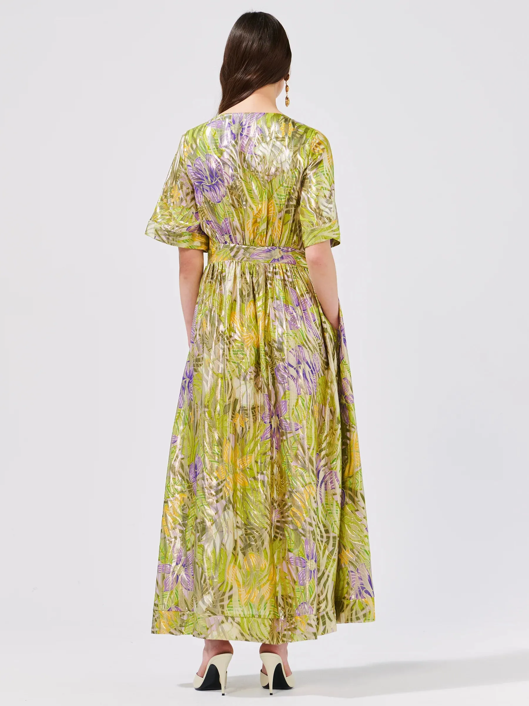 Hayley Menzies tropical hibiscus silk lurex jacquard maxi dress