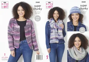 King Cole Super Chunky Knitting Pattern - Ladies Jacket & Accessories (5840)