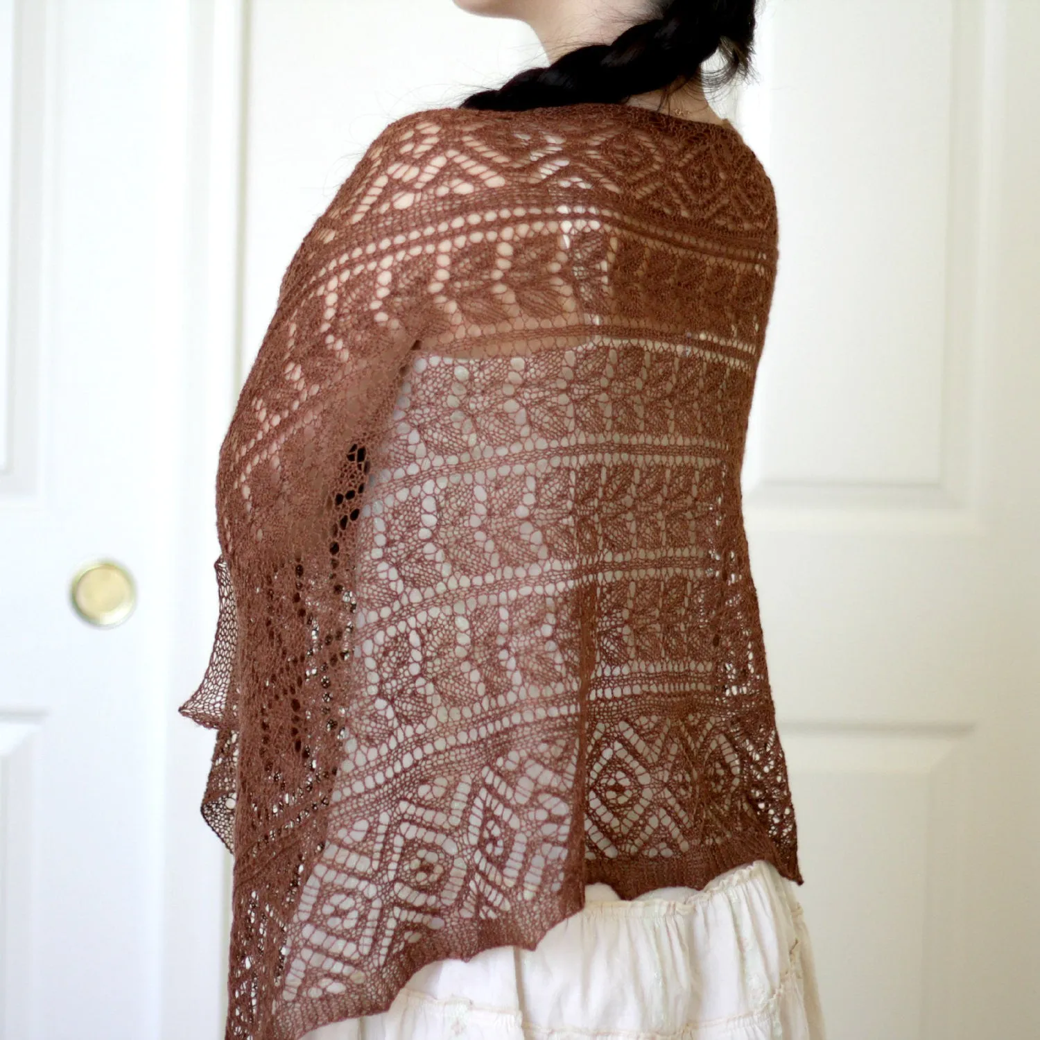 Knit lace shawl, bridal stole in merino wool and silk