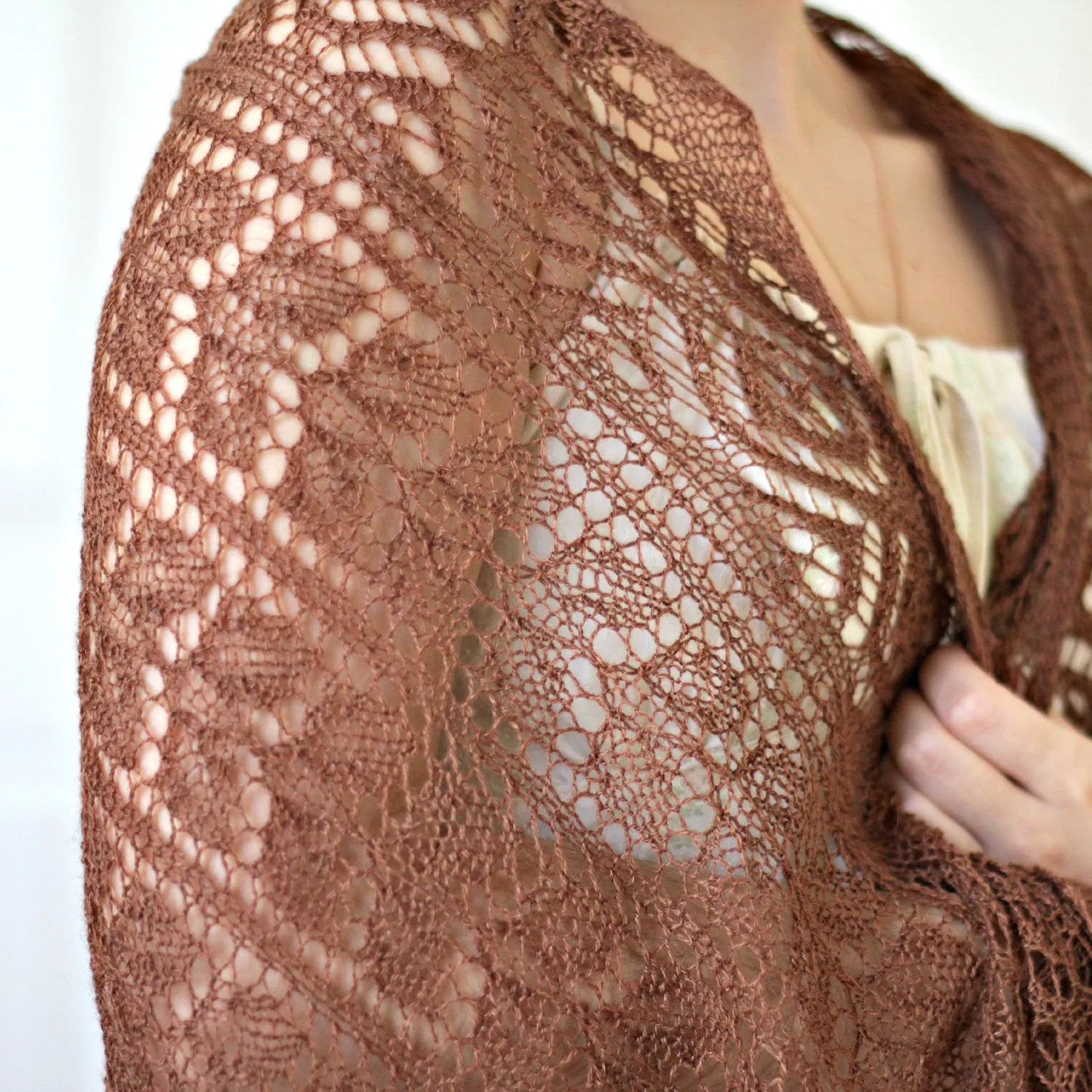 Knit lace shawl, bridal stole in merino wool and silk
