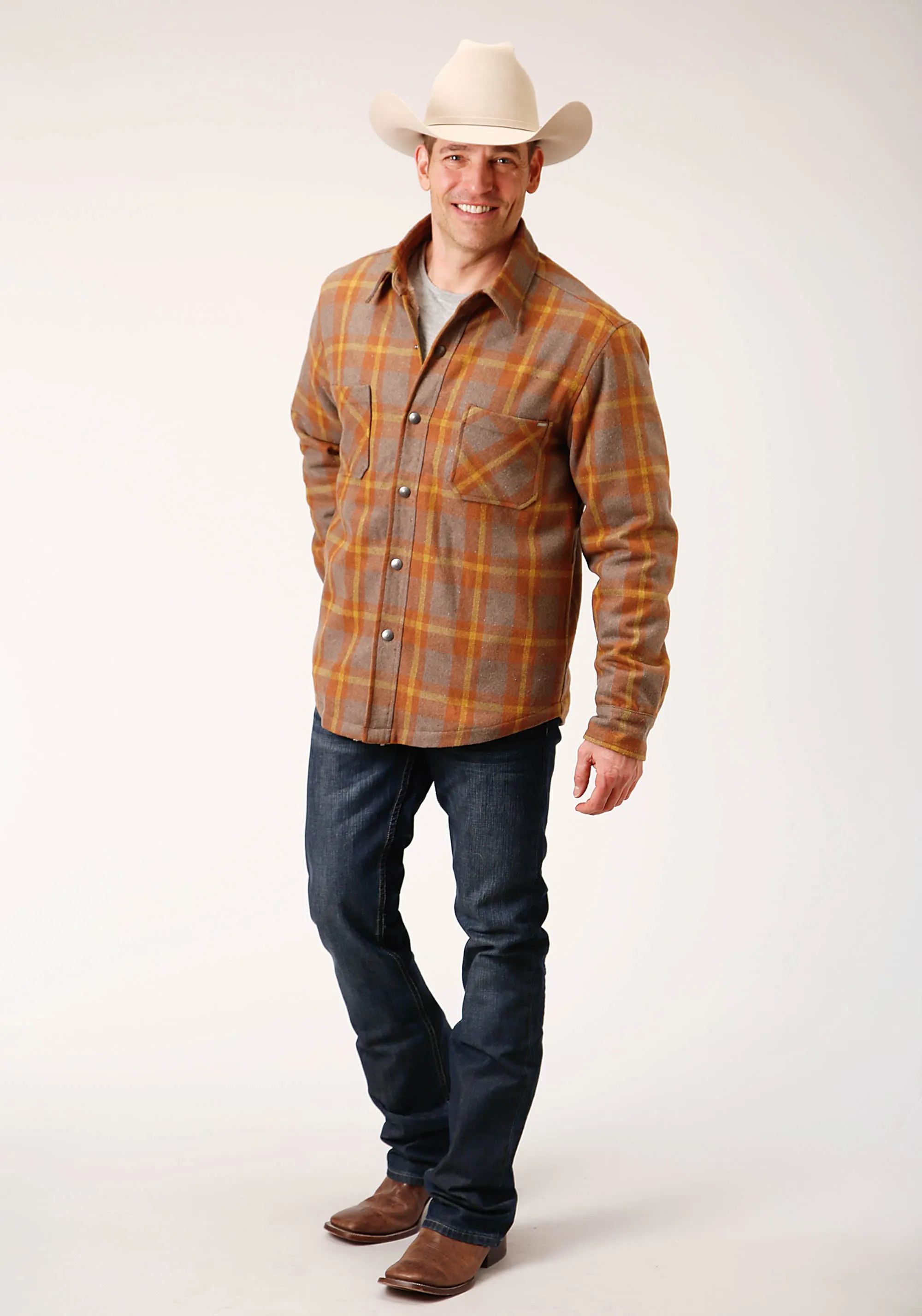 MENS SNAP ORANGE BROWN MULTI PLAID SHERPA LINED COAT SHIRT JACKET