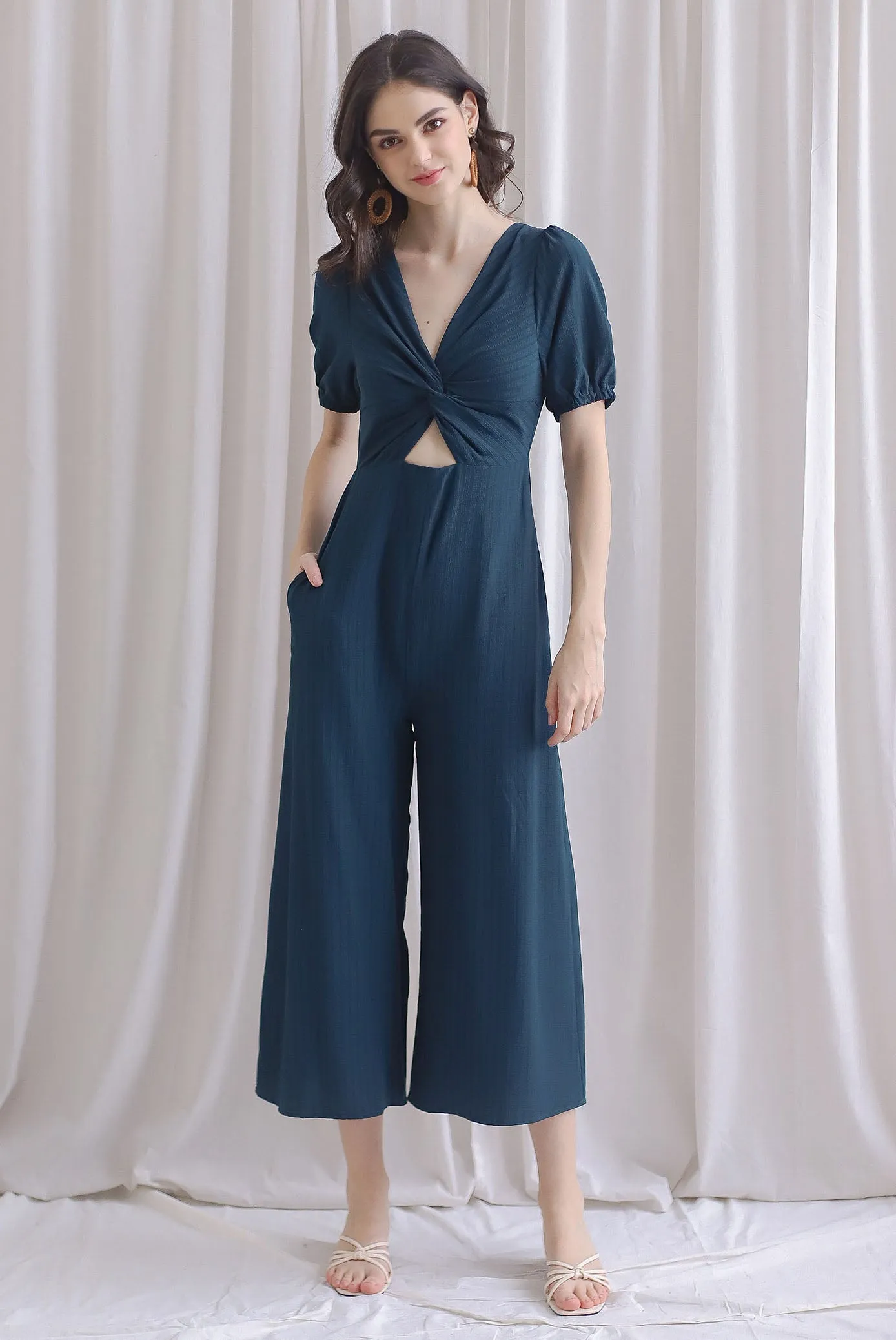 Reeve Twist Knot Cut Out Jumpsuit In Teal Green