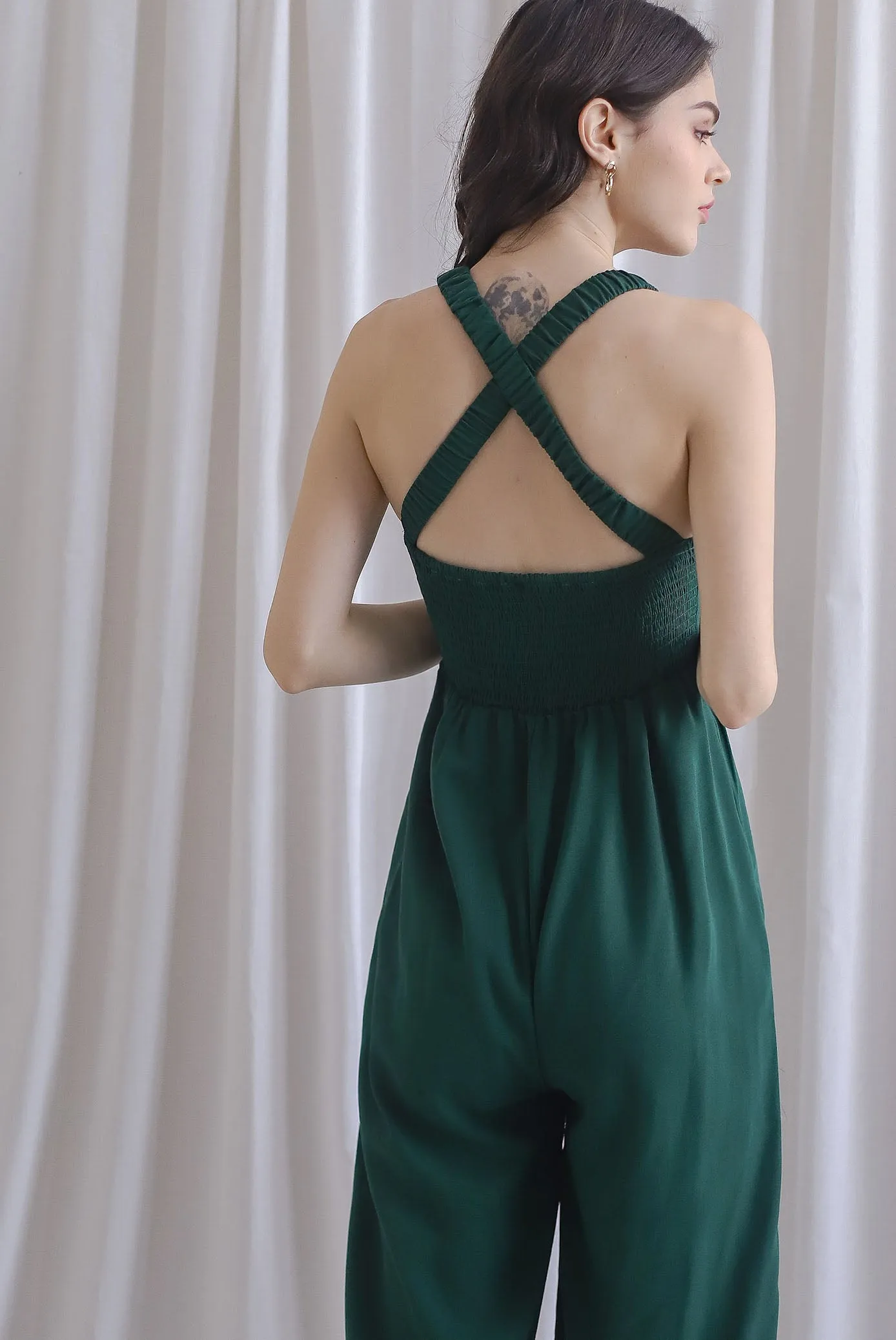 Renowe Cross Back Padded Jumpsuit In Forest Green