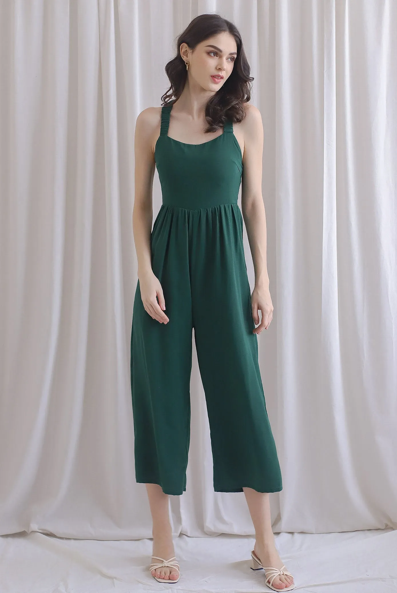 Renowe Cross Back Padded Jumpsuit In Forest Green