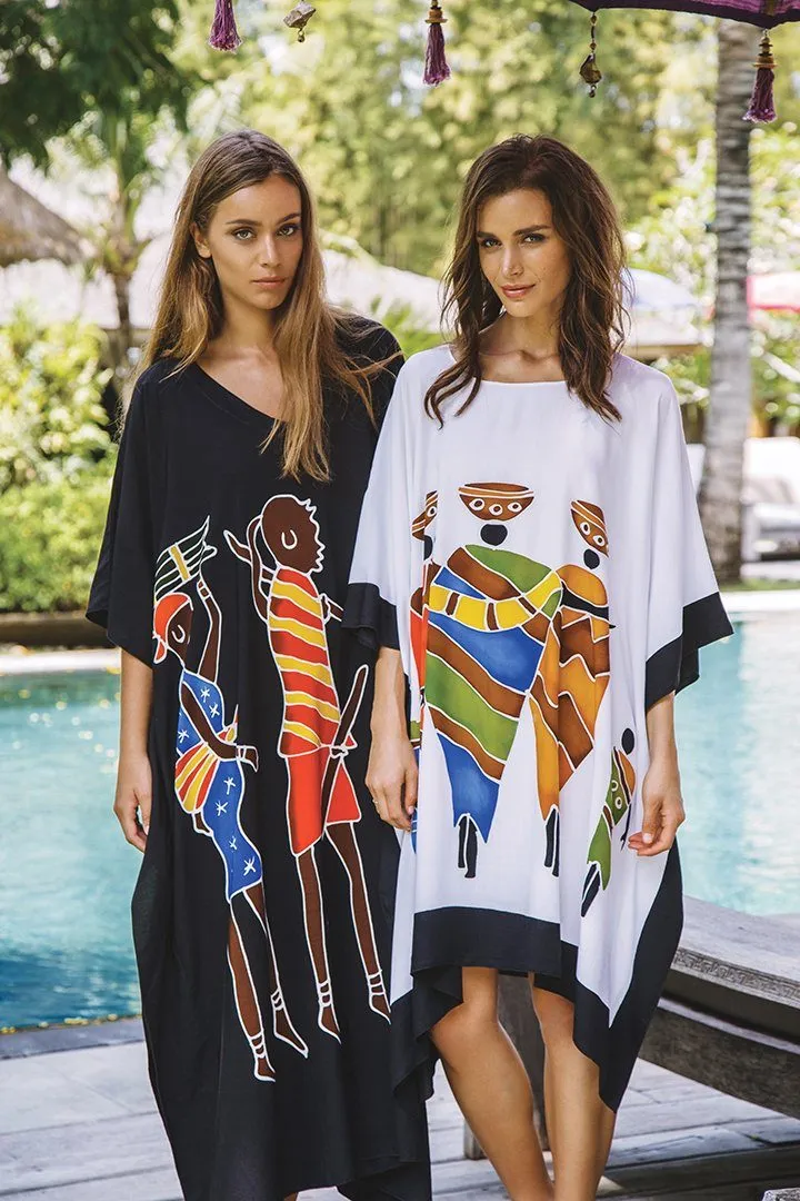 SHU-SHI Women's Short Kaftan Dress - Hand-Painted Tribal Poncho Tunic, Plus Size Swim Cover-Up