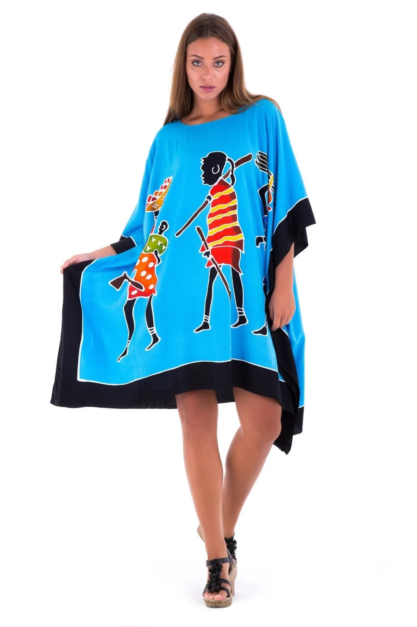 SHU-SHI Women's Short Kaftan Dress - Hand-Painted Tribal Poncho Tunic, Plus Size Swim Cover-Up