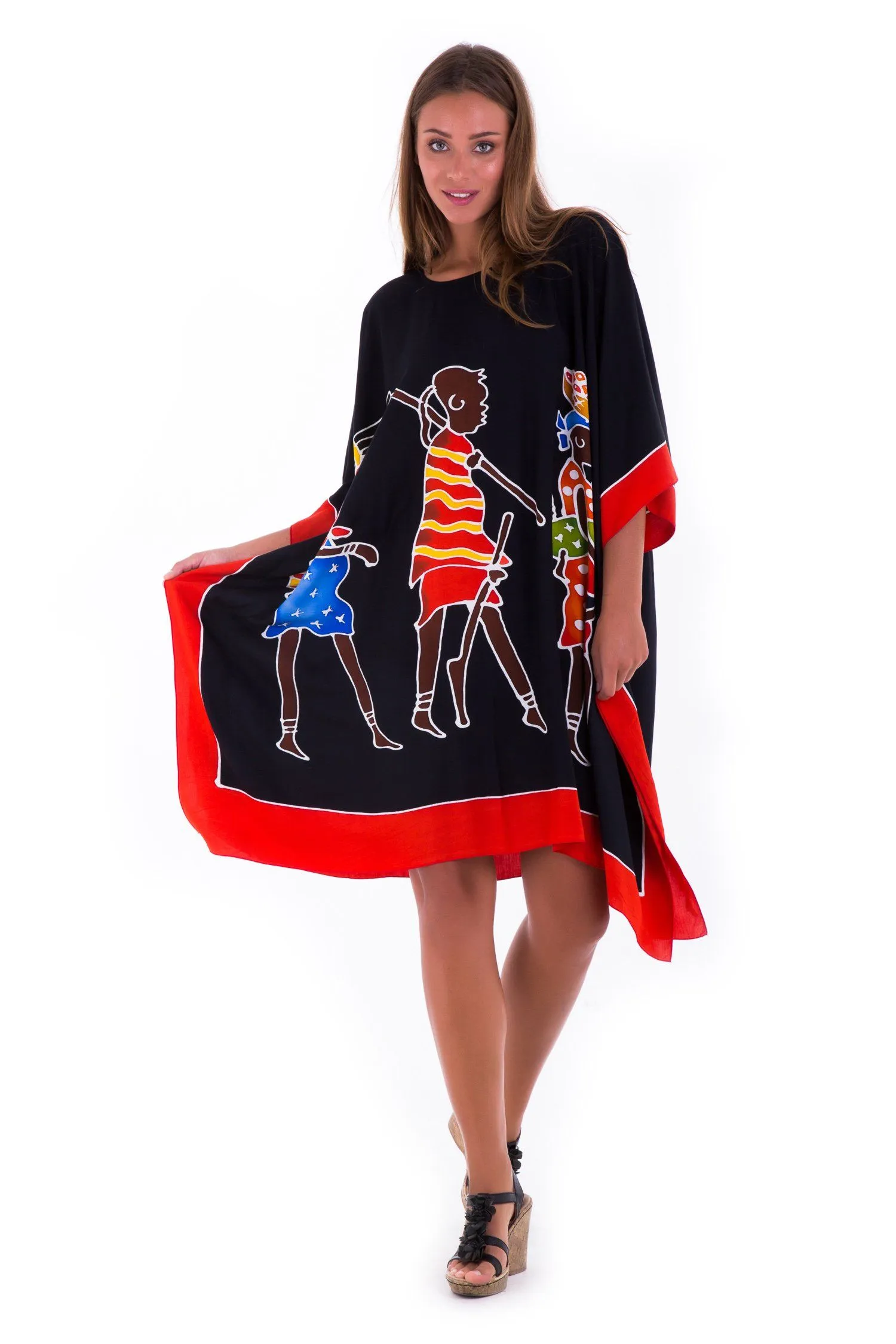 SHU-SHI Women's Short Kaftan Dress - Hand-Painted Tribal Poncho Tunic, Plus Size Swim Cover-Up