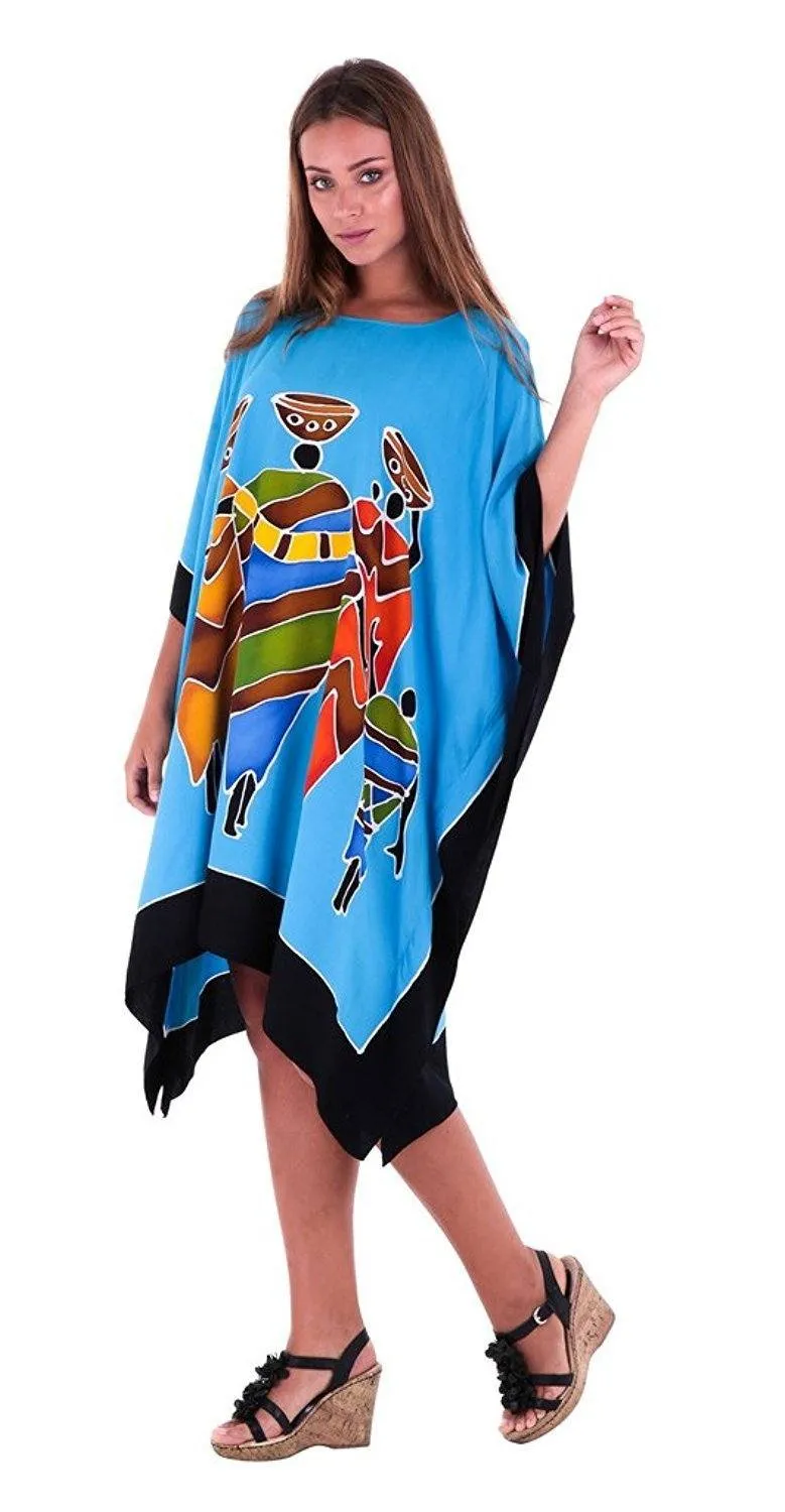 SHU-SHI Women's Short Kaftan Dress - Hand-Painted Tribal Poncho Tunic, Plus Size Swim Cover-Up