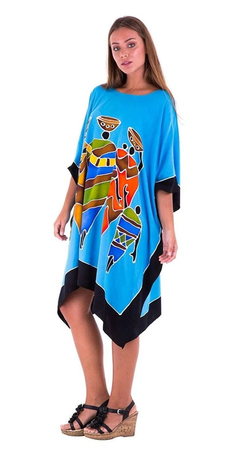 SHU-SHI Women's Short Kaftan Dress - Hand-Painted Tribal Poncho Tunic, Plus Size Swim Cover-Up