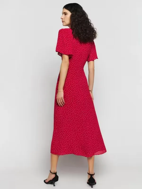 V neck Short Sleeved A line Dress Sexy Side Split Mid Length Polka Dot Dress Summer Trendy Women Clothing