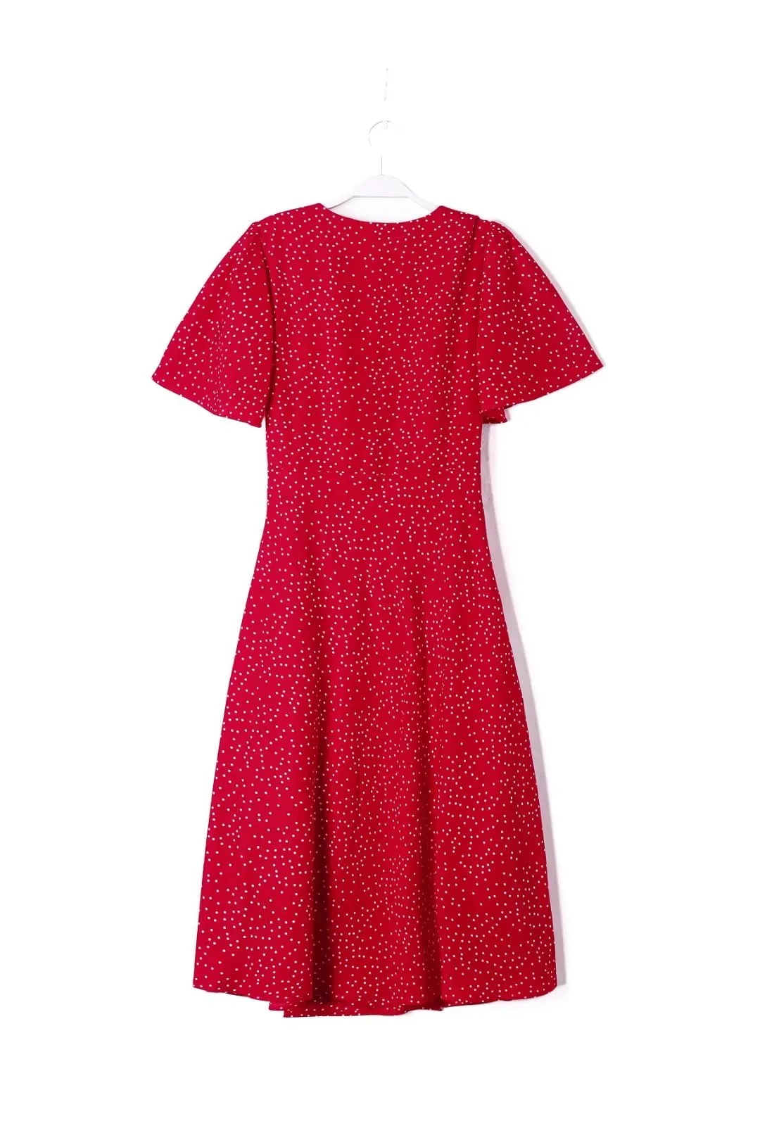 V neck Short Sleeved A line Dress Sexy Side Split Mid Length Polka Dot Dress Summer Trendy Women Clothing